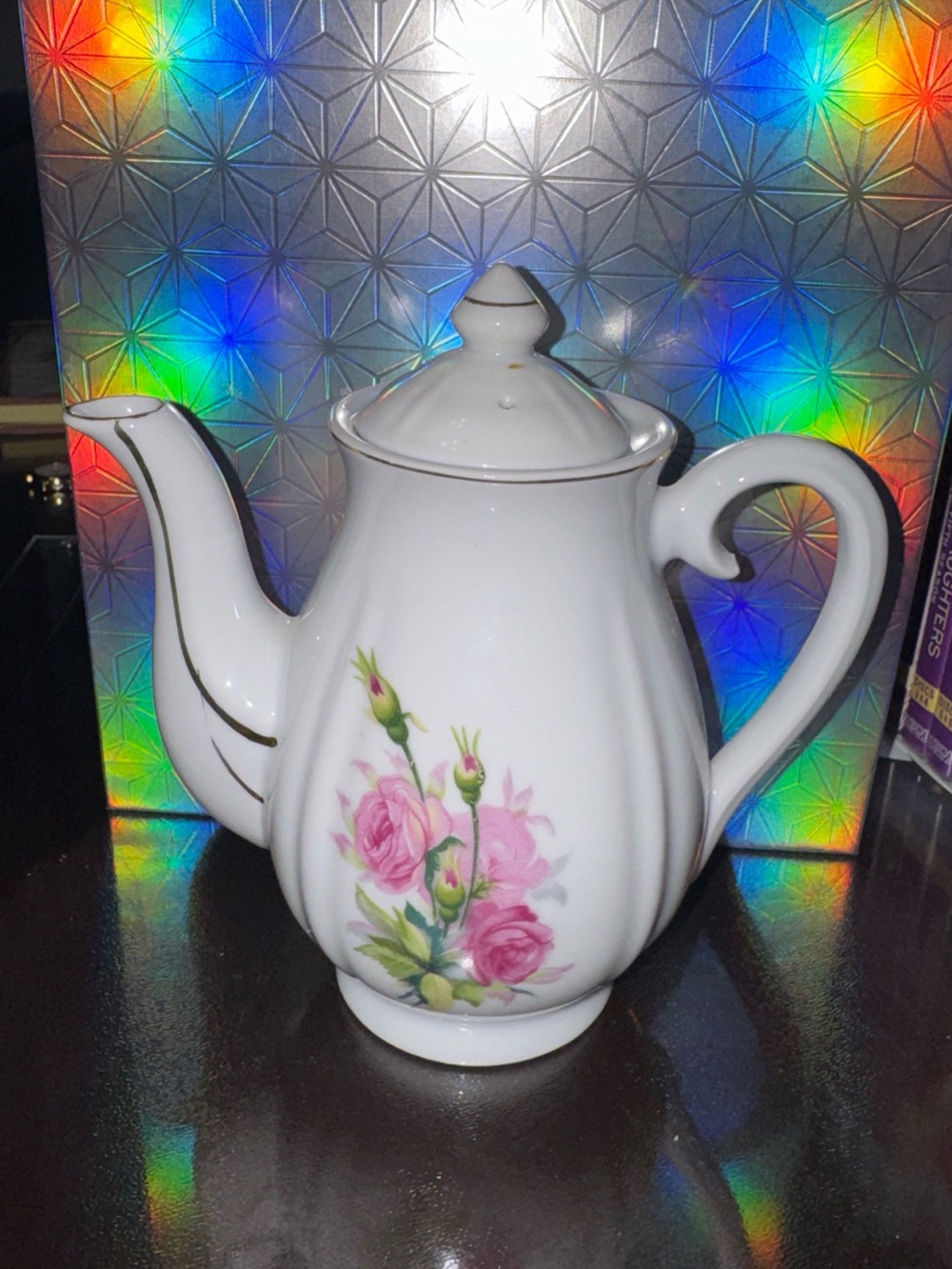 Classic White Porcelain Teapot with Pink Rose Pattern